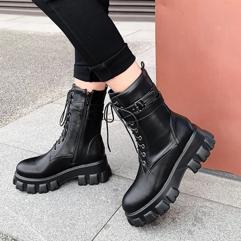 

Fashion Mid Calf Motorcycle Boots Ladies 2021 Winter Platforms Zip up Boots Women, Black