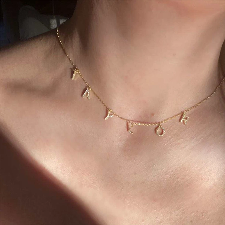 

Personalized 925 Silver Name Plate Gold Letter Diamond Iced Out Initial Choker Necklace, Silver/14k gold/18k gold/rose gold