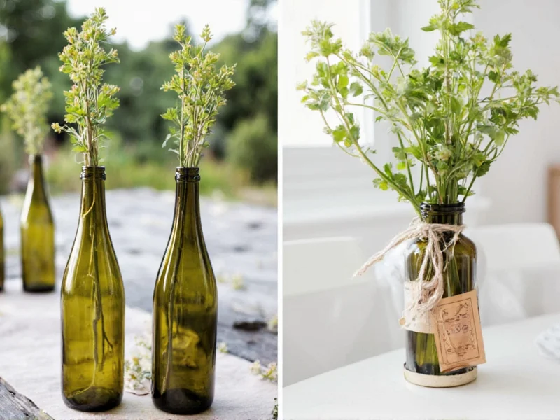 Eco-friendly DIY bridal centerpiece with herbs in recycled wine bottles