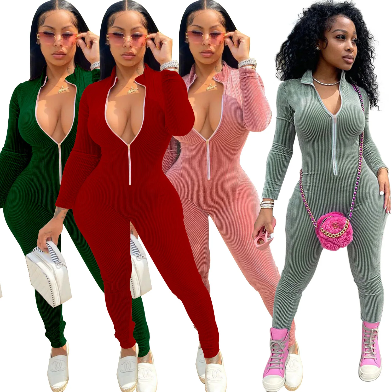 

Long Sleeve One Piece Bodycon zipper Jumpsuit Fall Women Jumpsuits Elegant deep v neck women jumpsuit 2021 sexy