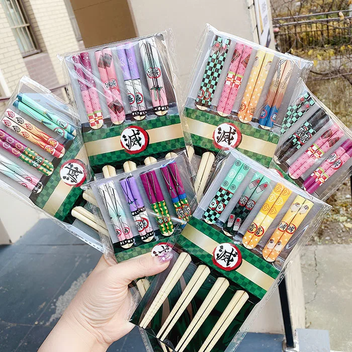 

8 designs 4 pairs per bag Cute Cartoon Anime Demon Slayer Reusable Natural Bamboo chopsticks