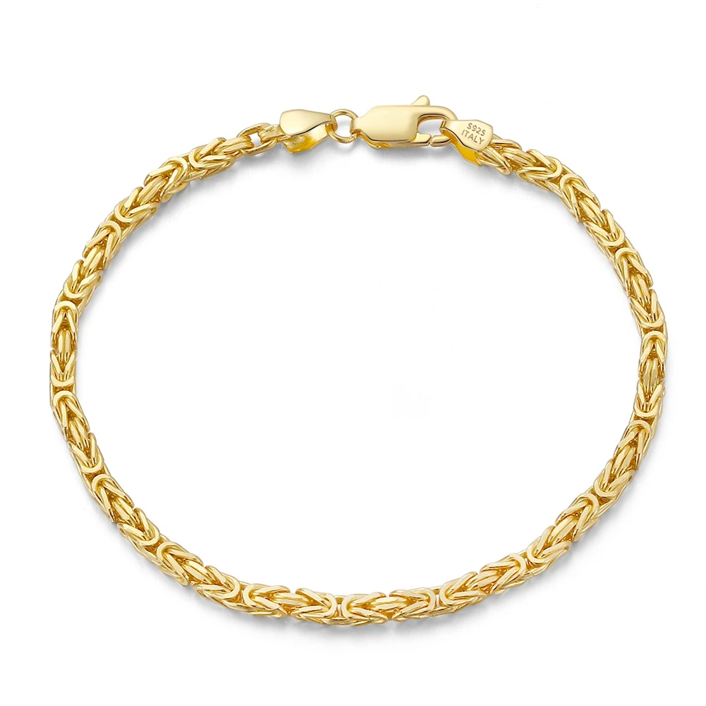 RINNTIN SB122 Mens 925 Sterling Silver 2.5mm Byzantine Box King Chain Bracelets HipHop 18K Gold Plated Fashion Jewelry