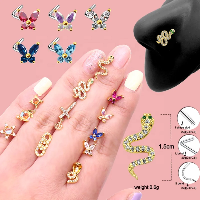 

Gaby delicate butterfly snow star bee diamond nose studs surgical steel nose stud l shape body piercing jewelry