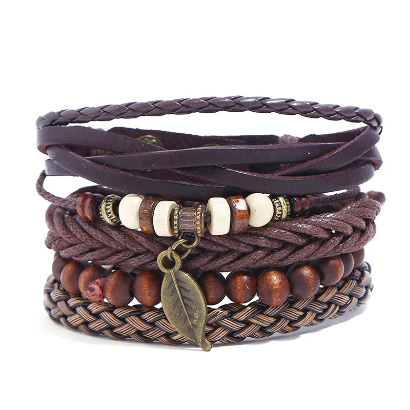 

HOT Selling DIY Leather Jewelry Wholesale Price MOQ For 1 Set Vintage Leave Charm Bracelet Handmade Leather Wrap Bracelet Set