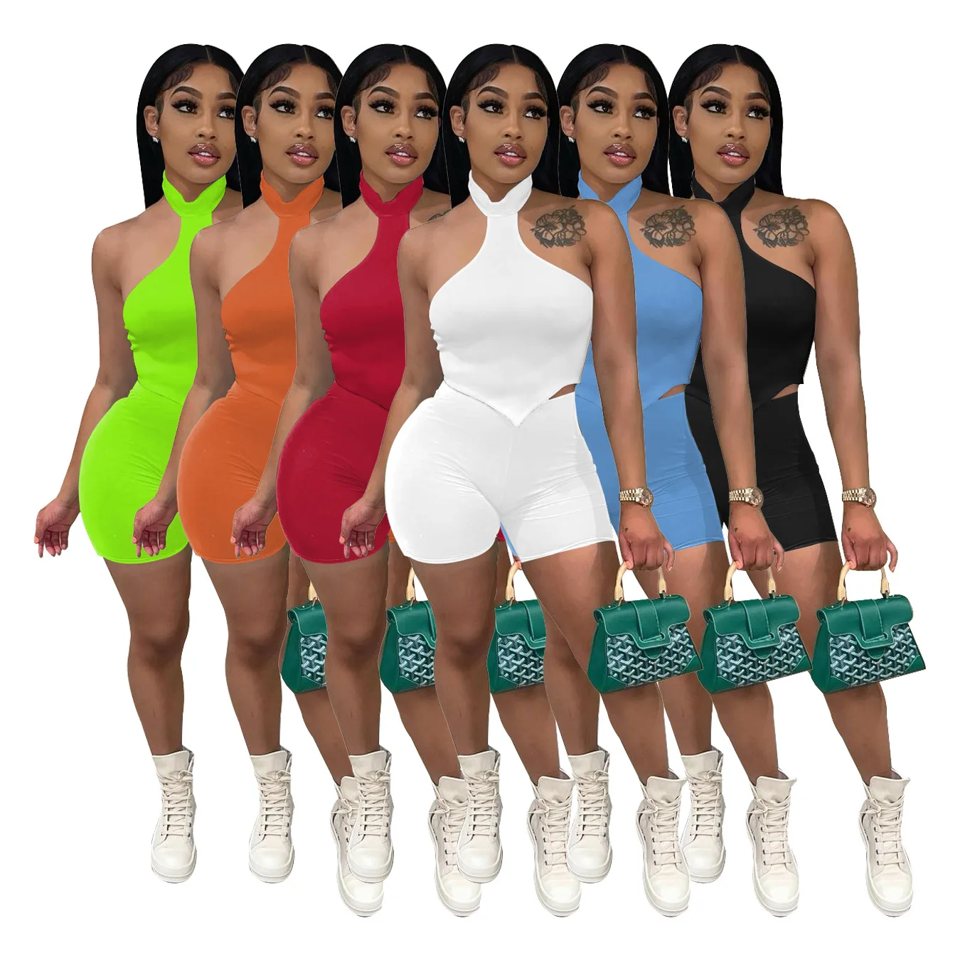 

Summer Solid Color Custom Logo Halter Backless Sleeveless Crop Top And Slim Pencil Shorts Women Sexy 2 Piece Sets