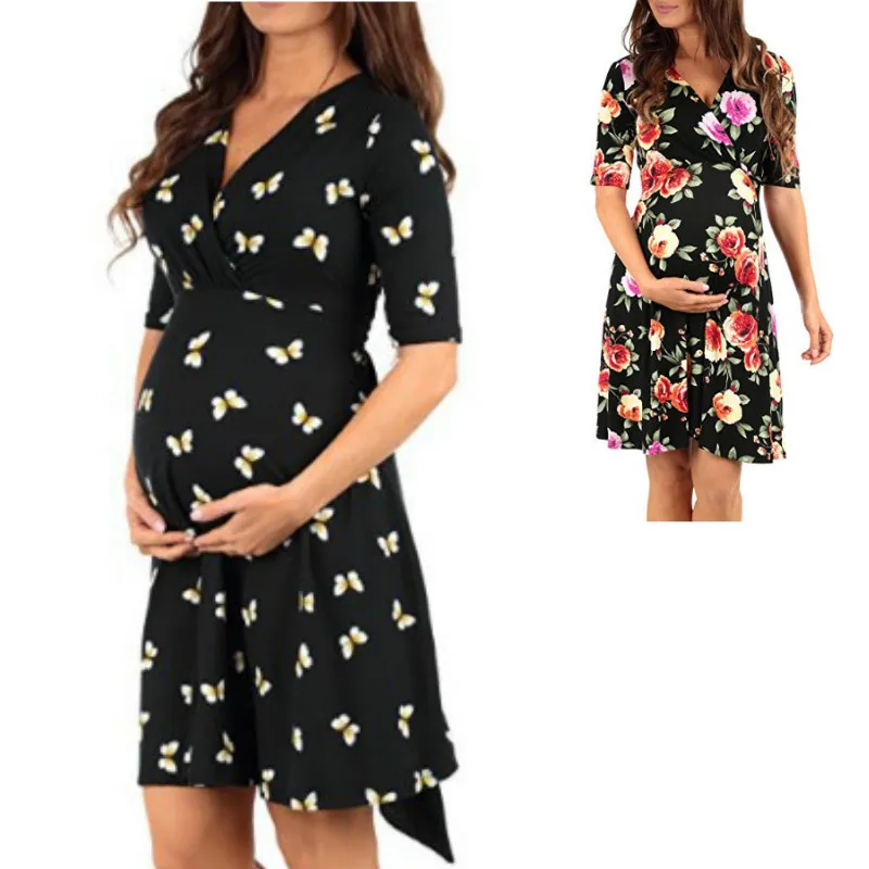 

Women's Floral Short Sleeve Loose Maternity Dresses Pregnancy Clothes Summer Casual Soft Waist Pleated Print Knee Length Dress, Customized color
