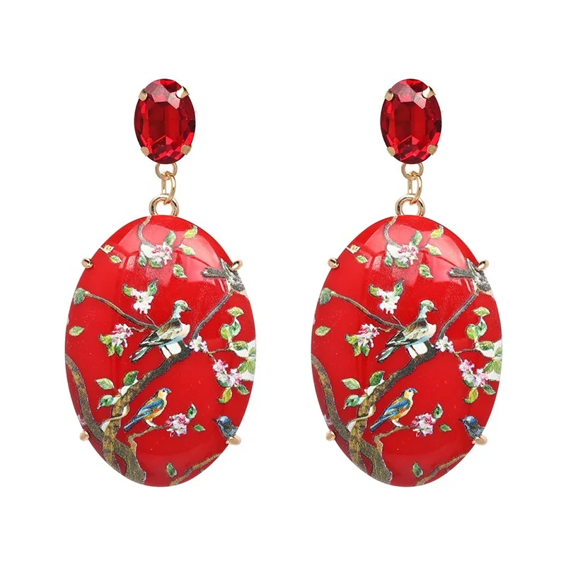 

Vintage Print Flower Bird Earrings Resin Plastic Oval Pendant Earrings, Picture