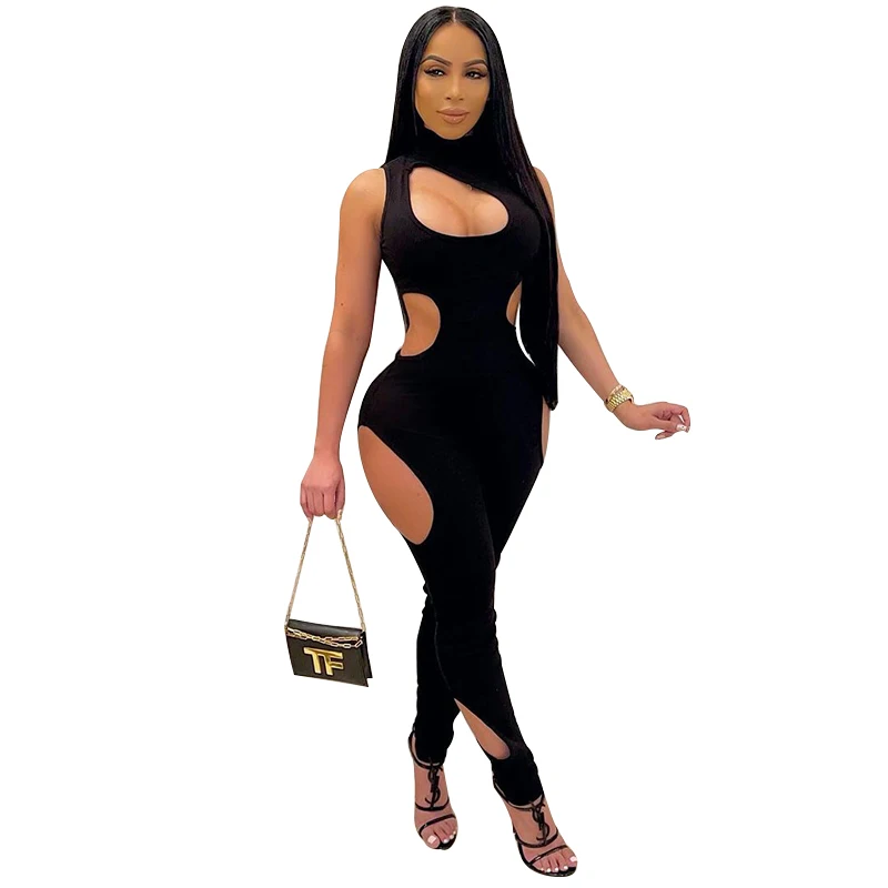 

2021 Summer Stretch Hollow Out Turtleneck Jumpsuit Sporty Active Skinny One Piece Women Jumpsuits