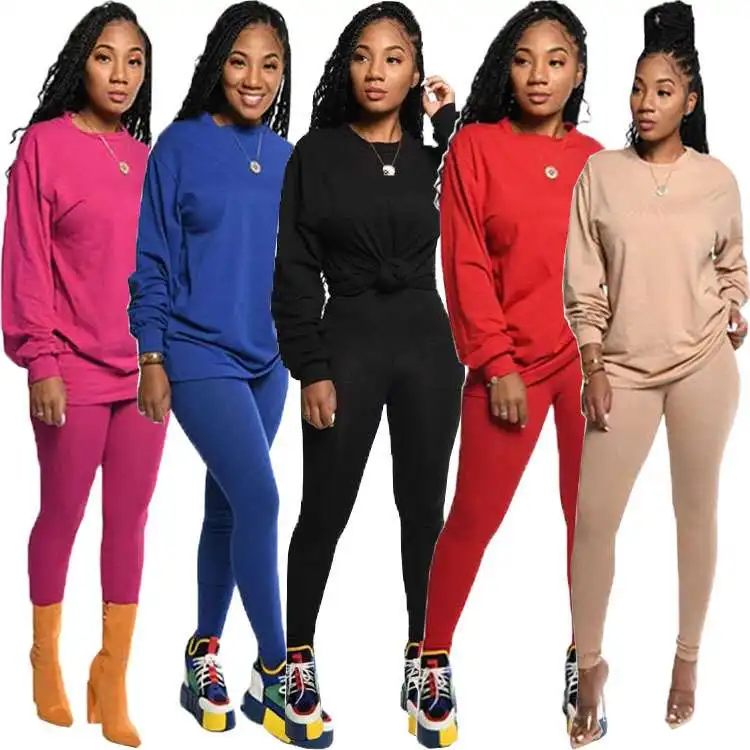 

OEM 2020 Fashion Women 2 Piece Pants Set Solid color Woman Casual Two Piece Set Clothing, Red/black/rose red/blue/khaki