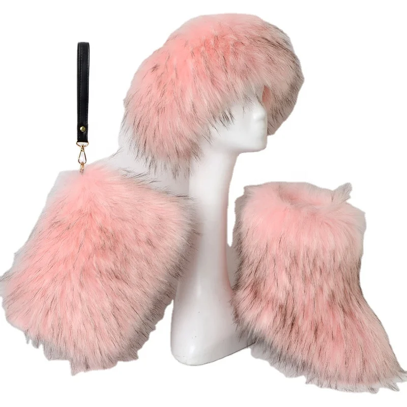 

New fashion fluffy fur hat colorful Flat Boots and handbag, Mixed colors