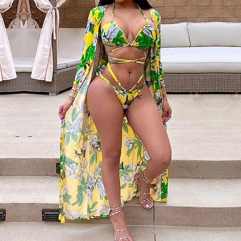 

Women Hot 3pcs Floral Print Bandage Swimwear Swimsuit Bikini with Cover Up Dress Swim Bathing Suit Beach Wear, As picture