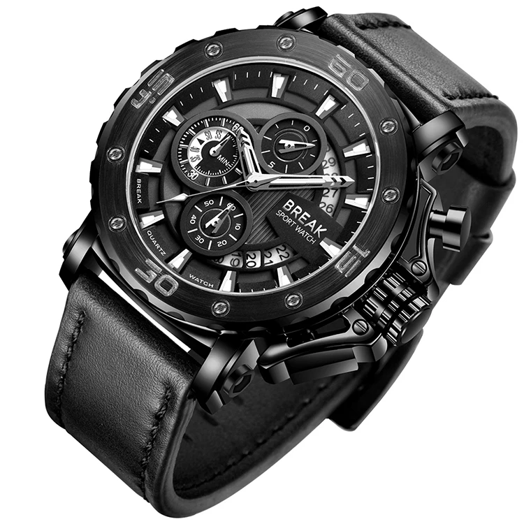 

BREAK 5690 Custom Quartz Wrist Watches For Men Leather Strap Man Quartz Chronograph Watch