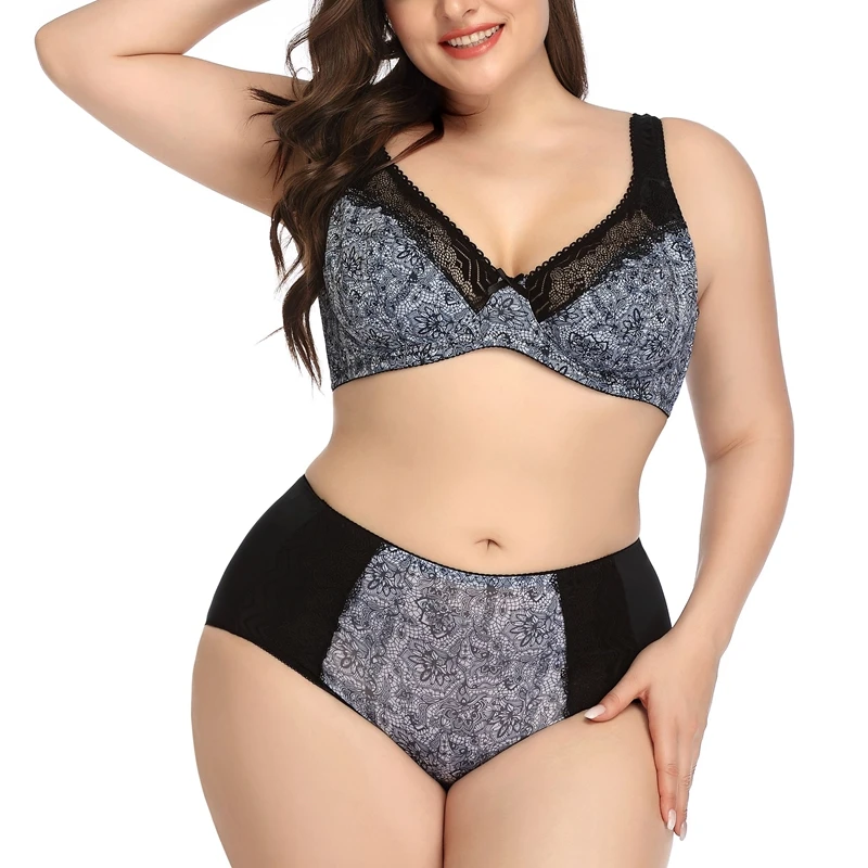 

Plus Size Women Lingerie Set Female Floral Print Bra Set Lace Underwear No-padding Ultra Thin 38D-48D Cup Bra XL- 6XL Brief