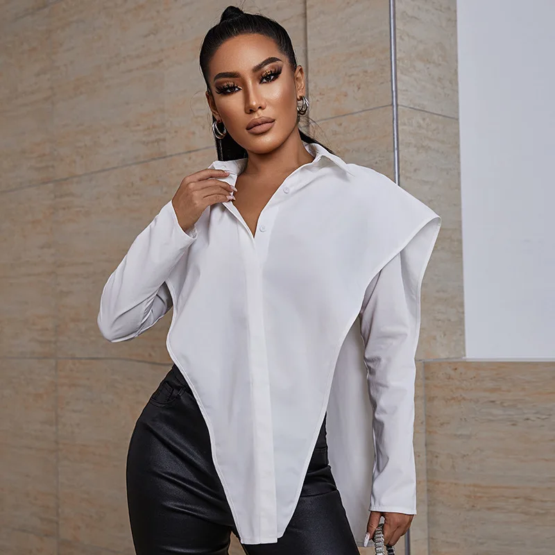 

JXS1149 Irregular Cut Out Shirt Solid Casual Long Sleeve All-matching Little Sexy Tops women blouse, As picture