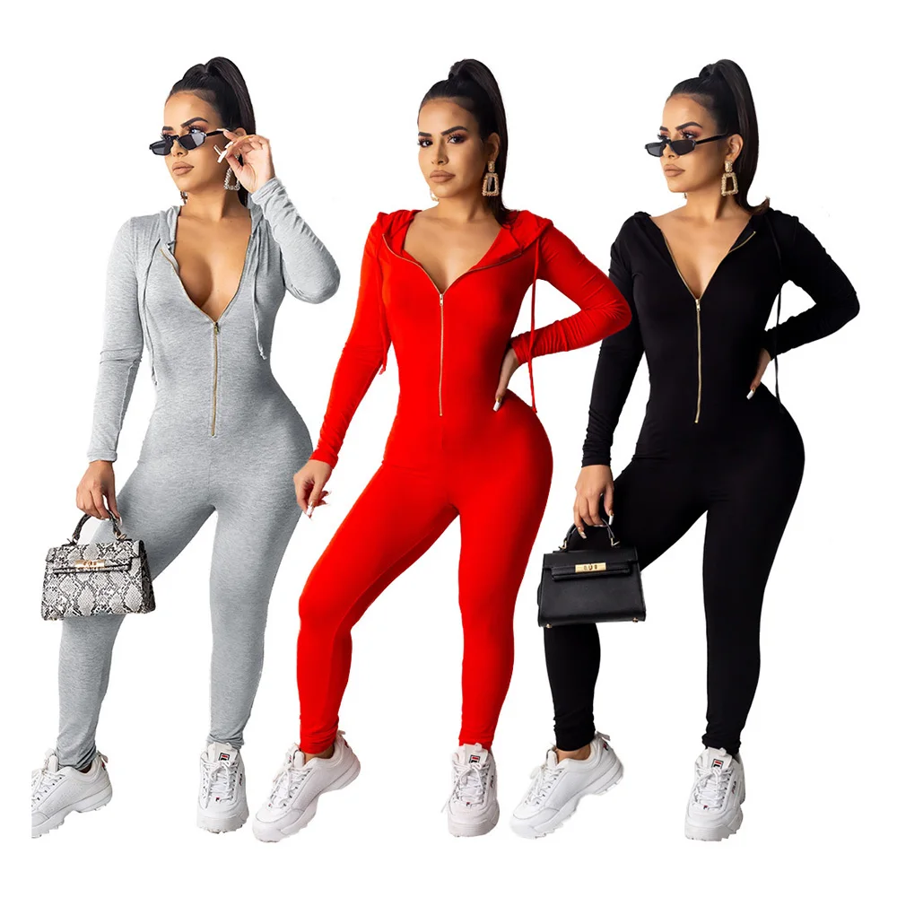 PA6285 - women casual solid long sleeve zipper front bandage one piece jumpsuit