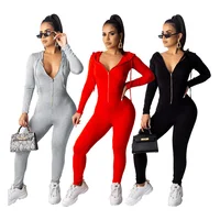 

PA6285 - women casual solid long sleeve zipper front bandage one piece jumpsuit