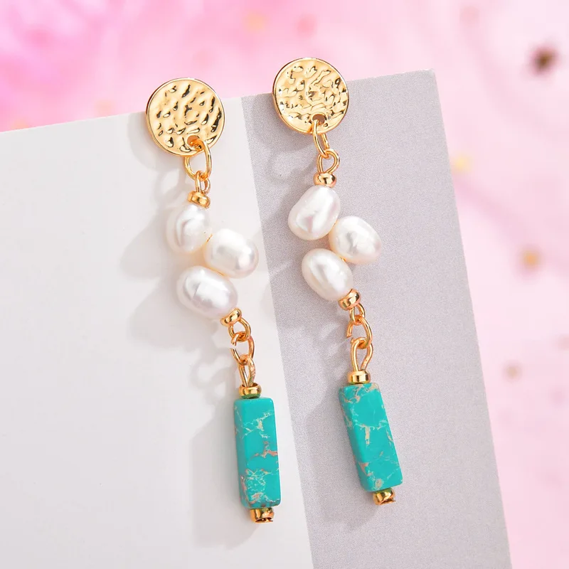 

European Long Natural Turquoise Pendant Dangle Earrings Freshwater Pearl Cluster Earrings, As pictures