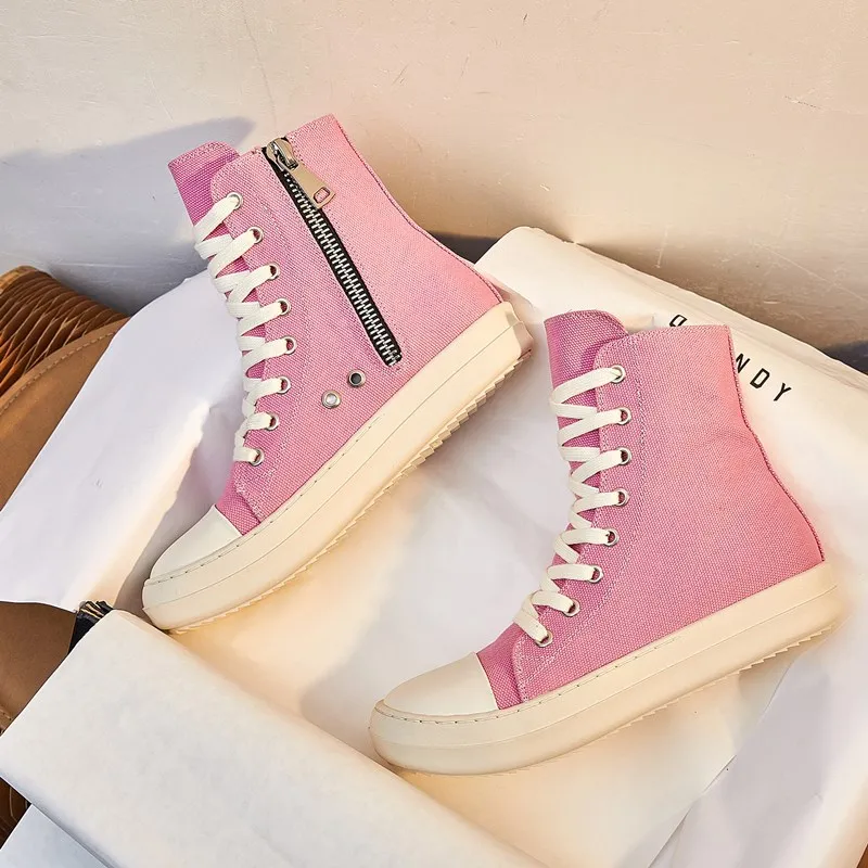 

2022 New Thick Sole Stitching Casual Sneakers Brand Design High Top Shoe Pink Canvas Trendy Shoes, 1 color