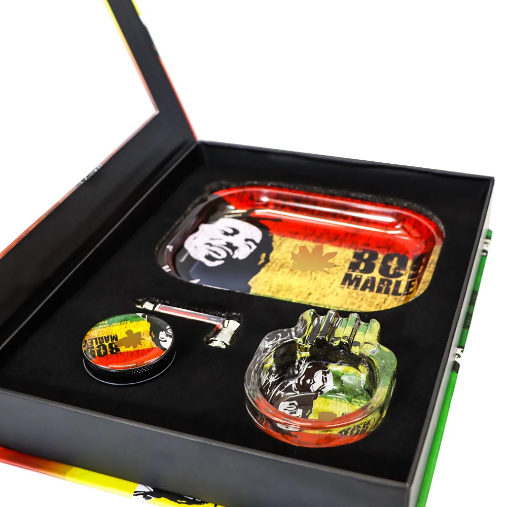 

2021 latest 4 in 1 smoking accessories weed grinder with smoke pipe glass ashtray cigarette rolling tray metal herb grinder set, Mixed colors