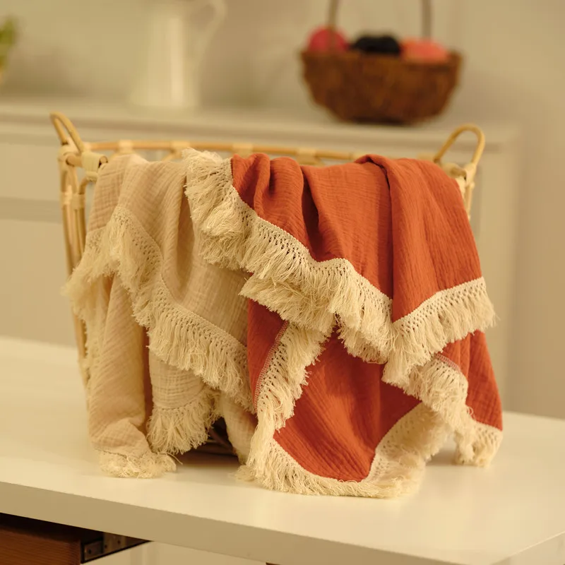 

Luxury Baby Fringe Ocean Blanket - Lace Trim 100% Cotton Blanket- Boho Muslin Baby Swaddle - Newborn Shower Gift, Shown