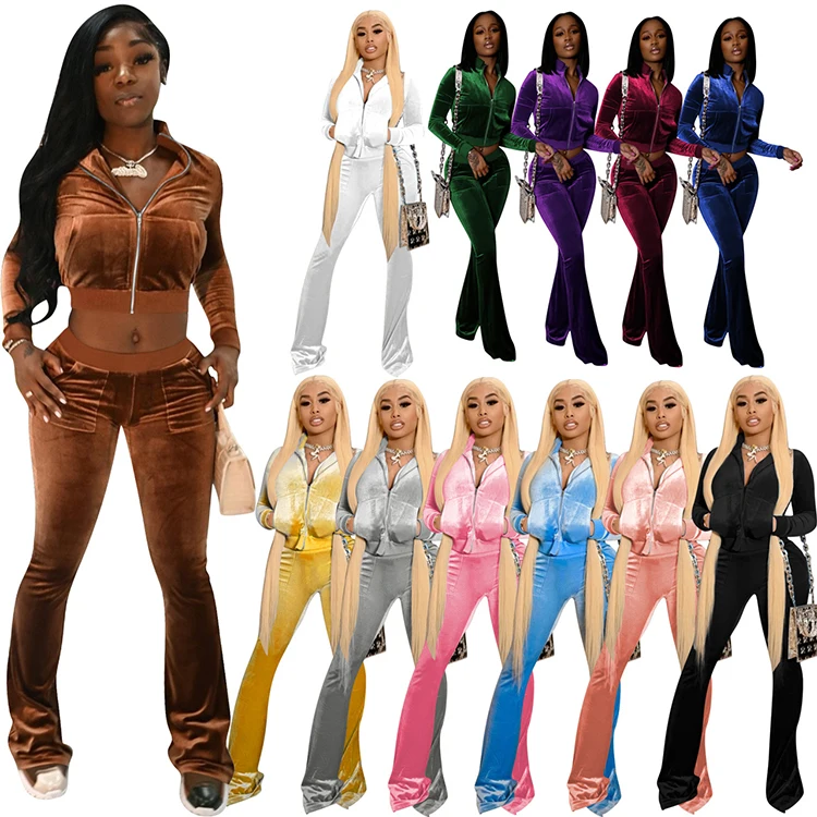 

2021 Velvet Two Piece Set Solid velvet pants set jogging sweat suit Long Sleeve Crop Top Flare Bottom Pant Velour Set Woman