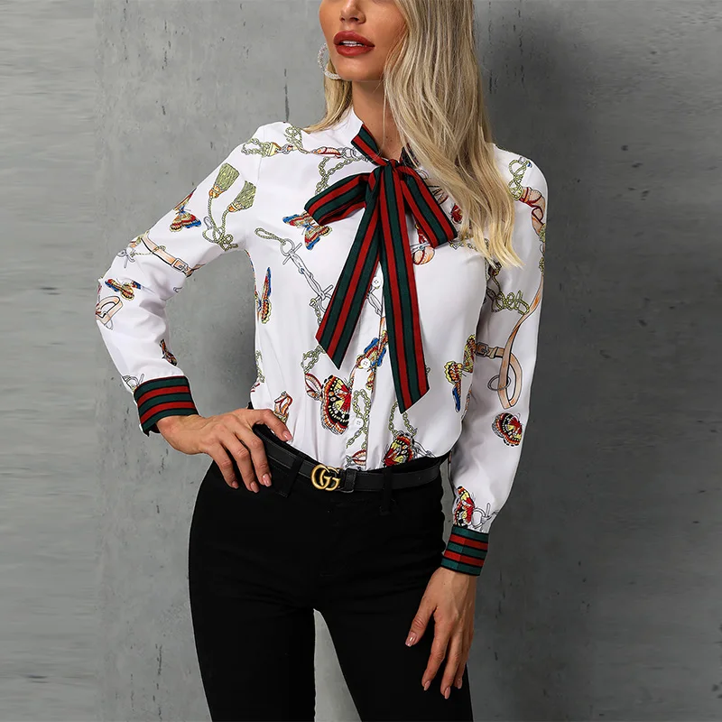

HDZ0068 -LZG1406 Chain Print Tied Neck Casual Blouse for women