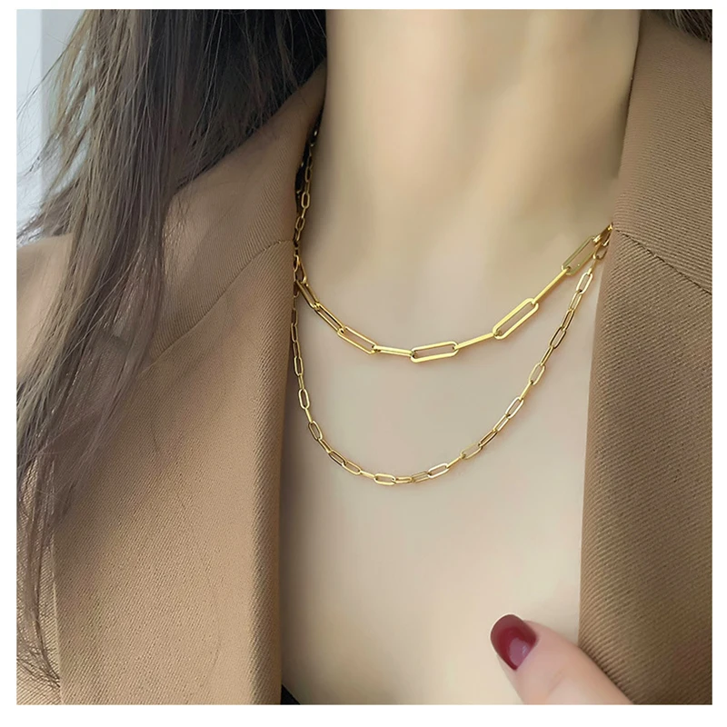 

Thin Hollow Chunky Paper Clip Chain Necklaces 18K Gold Plated Chokers Necklace Korean Minimalist Stainless Steel Jewelry 2021, Gold/silver