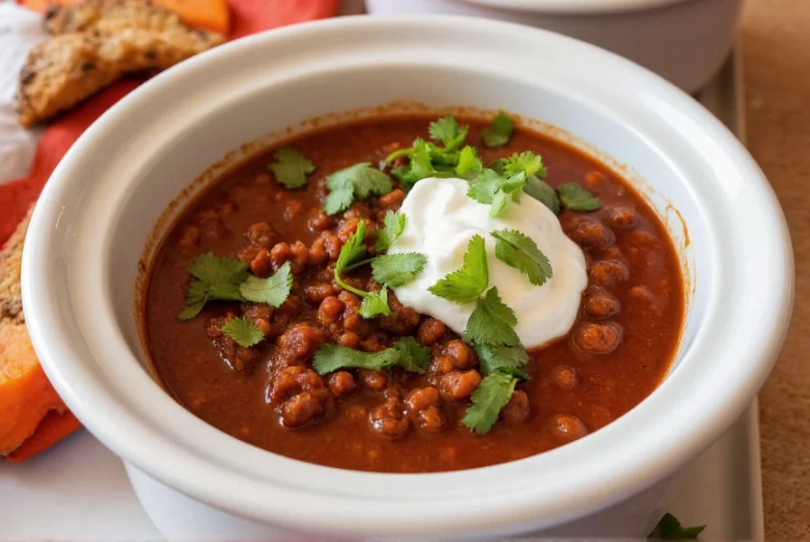Slow cooker filled with rich red beef chili topped with fresh cilantro and sour cream