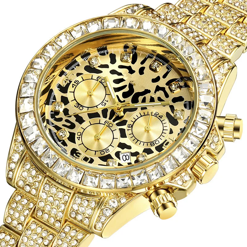 

2020 new hip hop iced out men watch Six needle dial calendar steel multi-functional diamond watch Leopard Business Watch