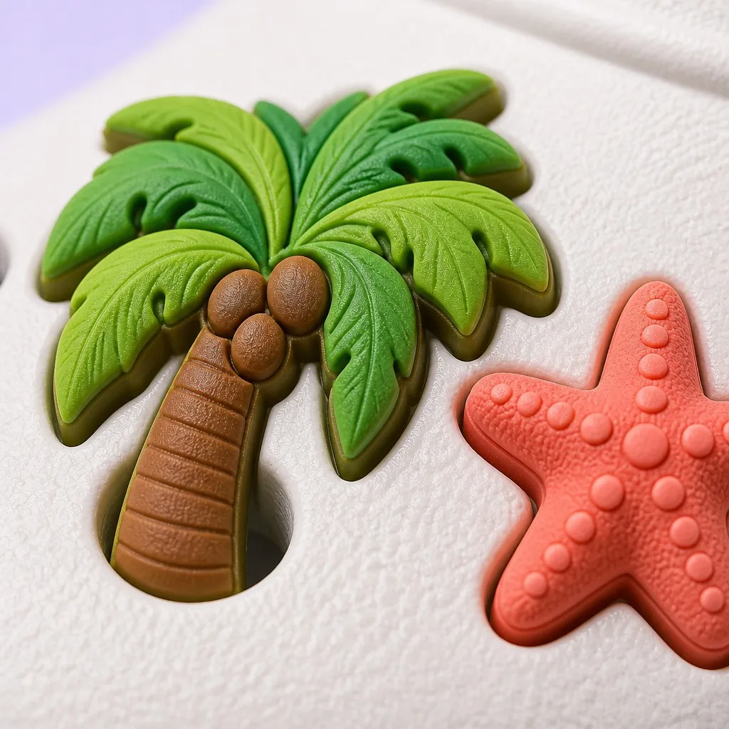 Macro view of a layered coconut palm charm and a textured coral starfish charm fitted into clog holes