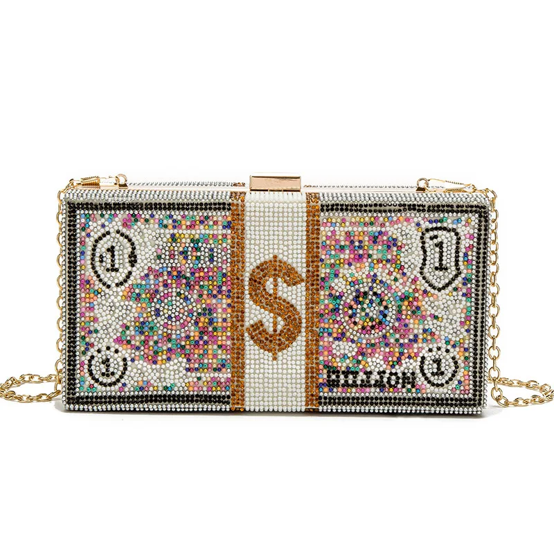 

Luxury Shoulder Bag rhinestone Crystal Bill Dinner Handbag USD 10000 dollars stack of cash money clutch purse with pearl chain, Black