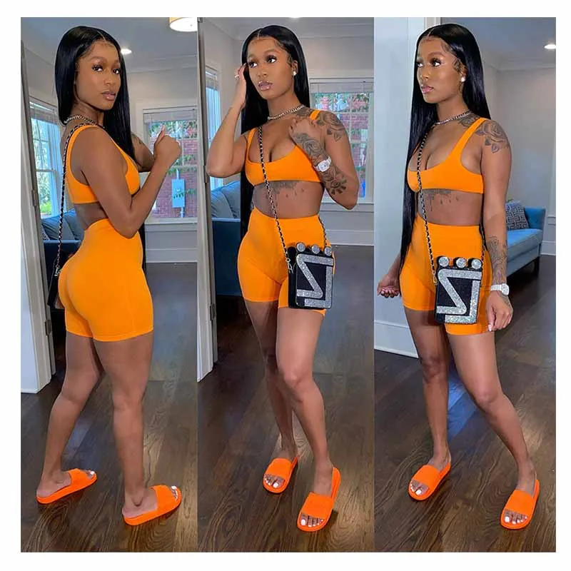 

2021 Summer Neon Two Piece Low Cut 2 Piece Set Women Clothing Sport Backless Crop Top And Short Set, Picture
