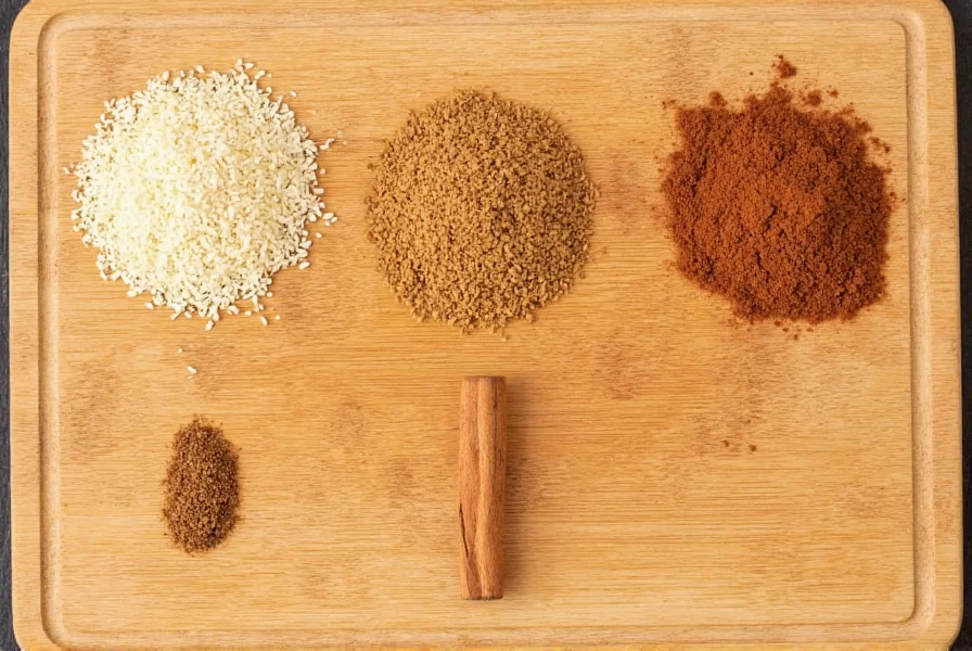 Vari sostituti dello zenzero tra cui galangale, allspice e cannella disposti su tagliere di legno