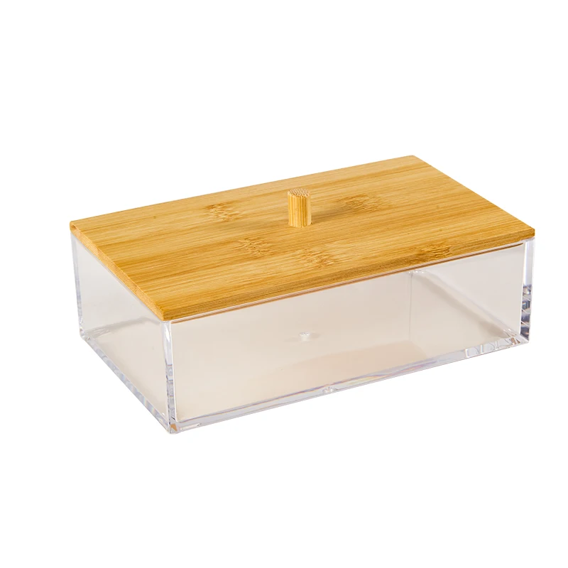 

Multi Purpose Desktop Storage Box Bamboo Lid Plastic Clear Cosmetic Organizer Desktop Storage Box