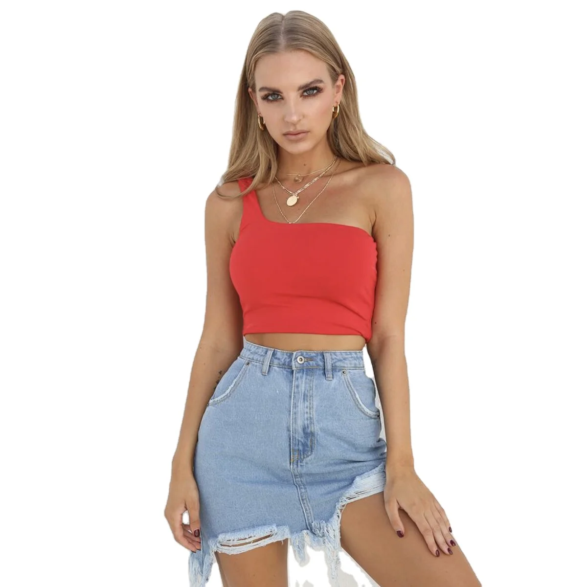 

Sexy one-shoulder crop top women's summer A shoulder straps Above the waist