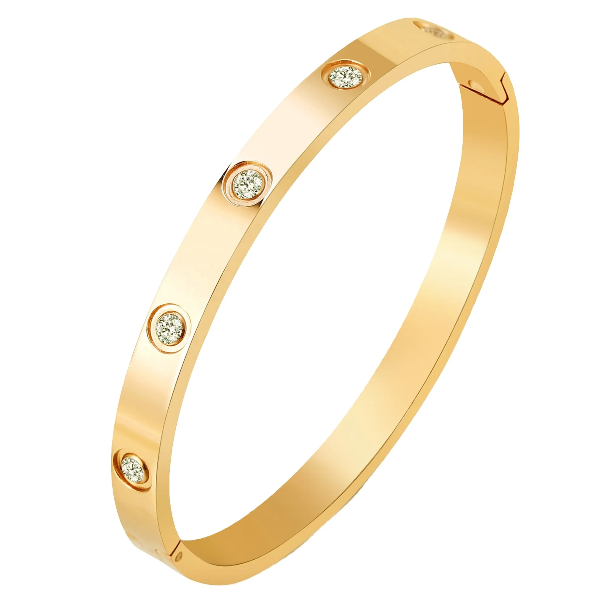 

AD. Jewelry 18 K Gold Plated Bangle Bracelet CZ Stone Hinged Stainless Steel with Crystal Bangle for Women Size 6.7, Gold color