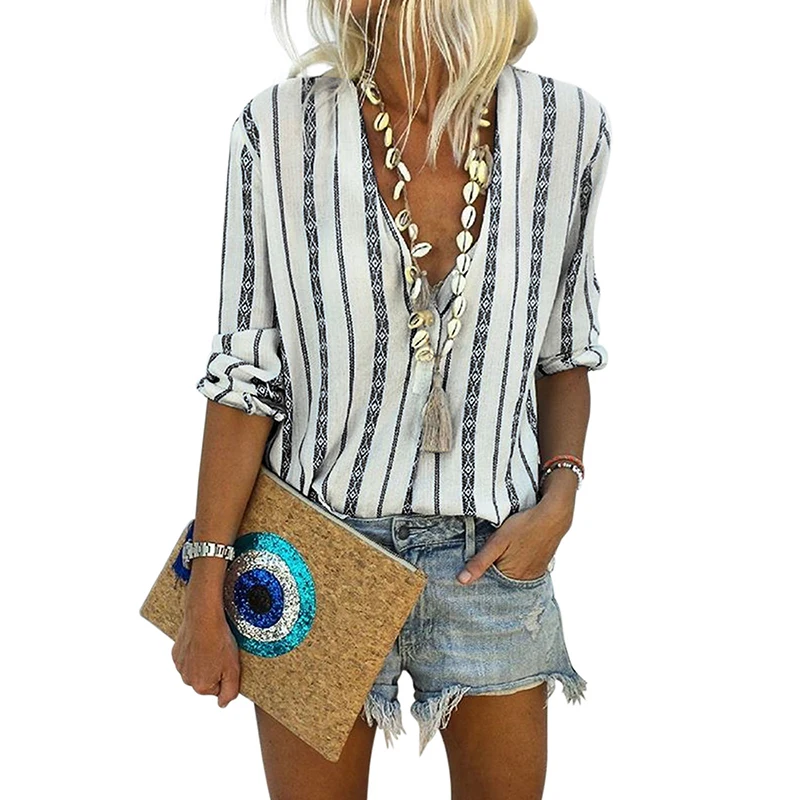 

Bohemian V Neck Striped Button Down Blouse For Women, Black/blue/yellow/green