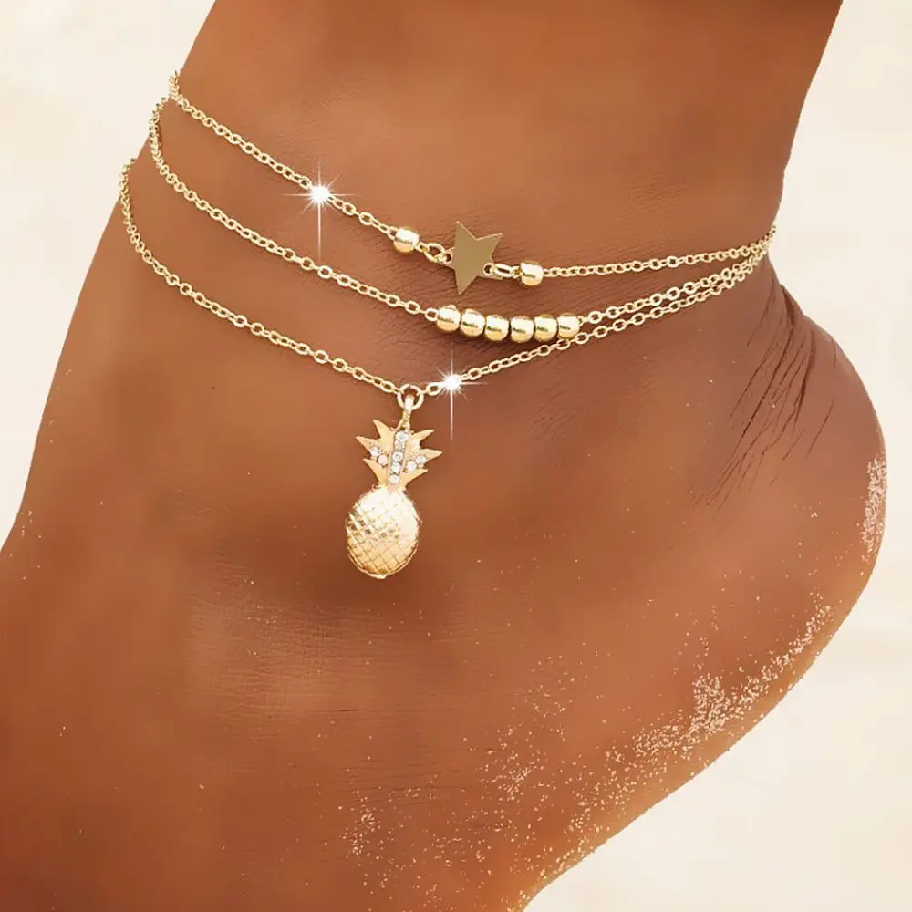 

Amazon hotsale fashion women star pineapple diamond gold bead chain multilayer anklets foot jewelry, Picture shows