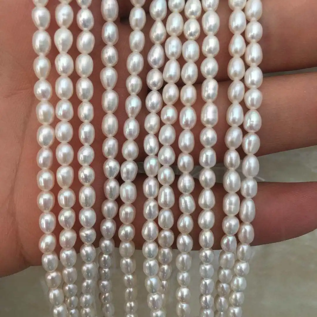 

3.5-4 mm AAA good quality rice shape pearl loose wholesale freshwater pearl in strand -37 cm