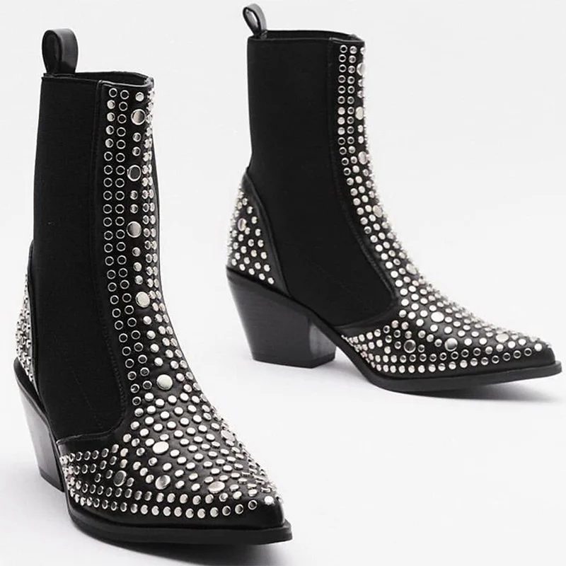 

2021 Women's Ankle Boots Sexy Pointed Toe Cowboy Style Plus Size Black Rivet Elastic Women Fashionable Shoes