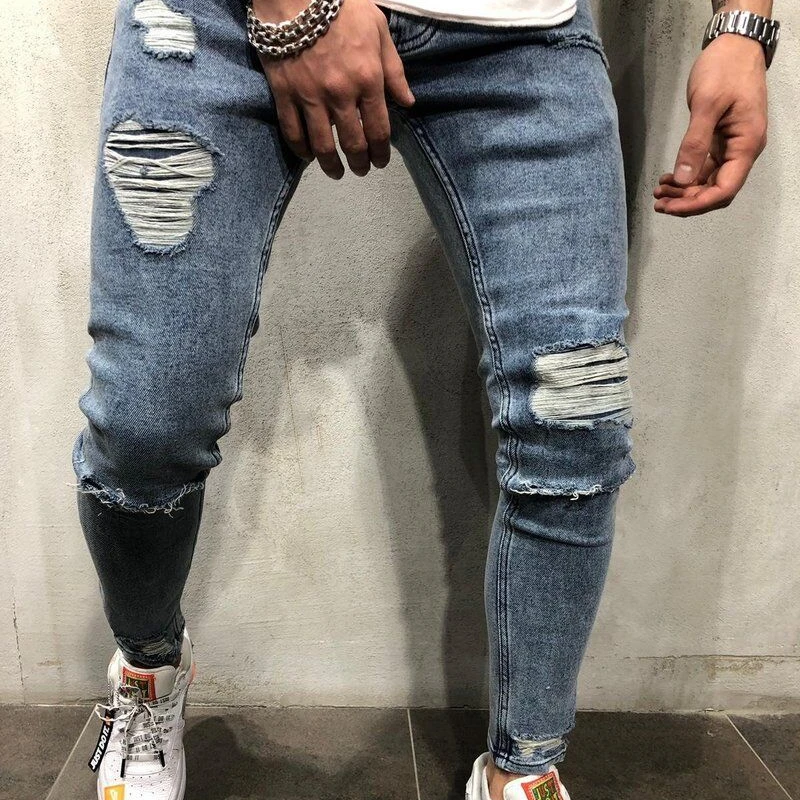 

High Quality Men's Ripped Small Feet Stretch Jeans Torn Skinny Jeans For Men Jean Pants Denim