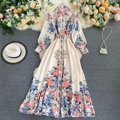 

2021 New Design Women European Spring Fashion Floral Printed Chiffon Maxi Dress