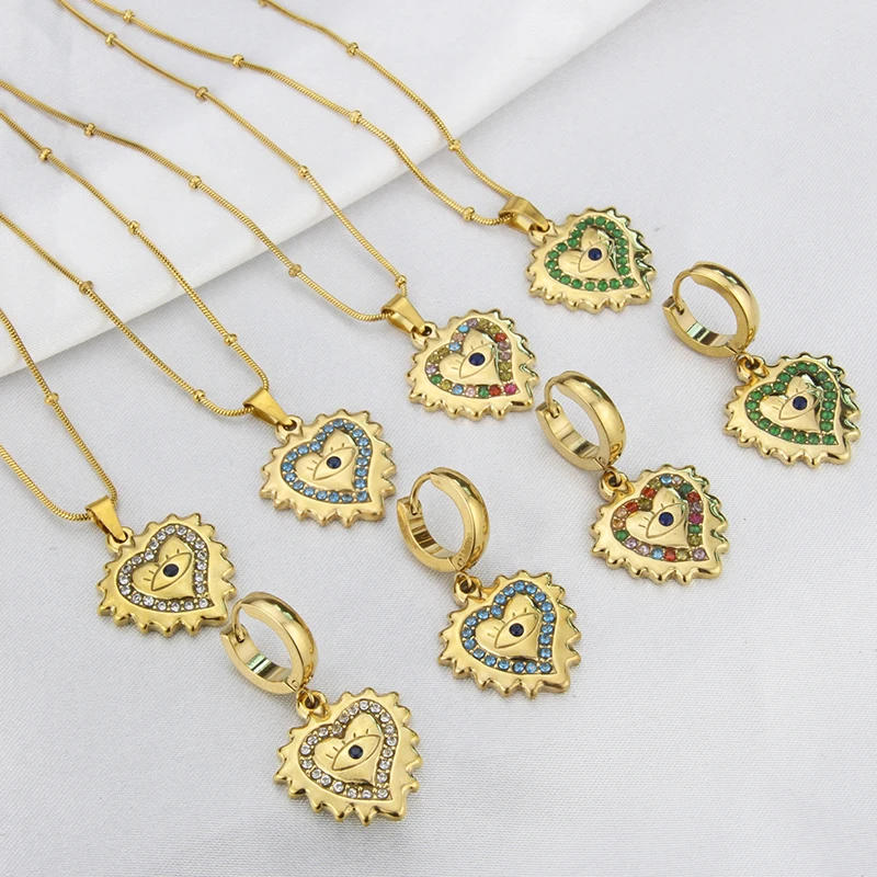 

18k Gold Plated Stainless Steel With Colored Zircon Heart Pendant Necklace And Earrings Women Fashion Jewelry, Gold color