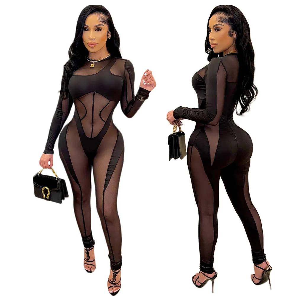 

Sexy Mesh See through patchwork Black Jumpsuit Women Fashion Long Sleeve Stretch Nightclub Wear 2022 New Arrival
