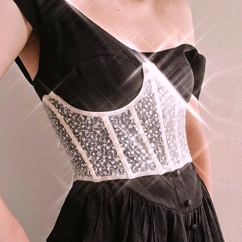 

S2996C sexy Bandage Lace Sequined Corset Tucked Slim Waist Corset All-Match Girdle Female 2021 New Arrivals Custom Corset Top, As picture shown or customized following customer design