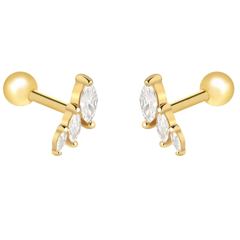 

Gemnel fashion barbell piercings three shining diamond 925 silver gold earrings 18k