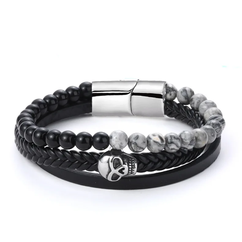 

New Men's Punk Hand Jewelry Multilayer Vintage Natural Stone Skull Bracelet Handmade Braided Leather Bracelet for Rap, Picture