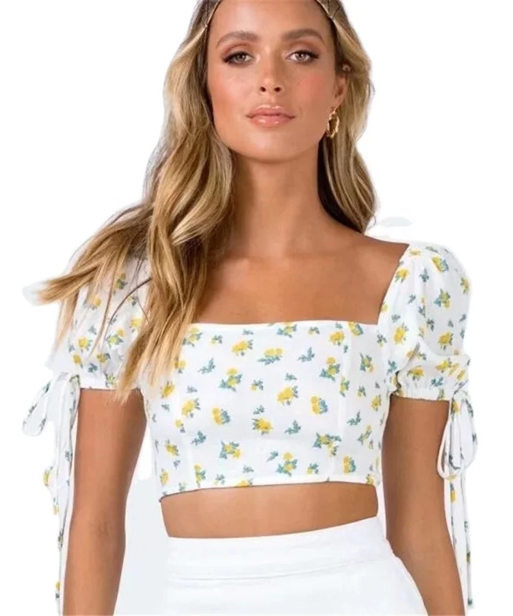 

Newest Cotton Flower Printing Princess Sleeves Cute Crop Tops, White or custom