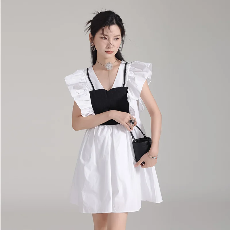 

Women's Clothes Dresses Undefined Loose Short Summer A-line Mid-length Dress Patchwork Lotus Sleeve High Waist Princess Dress