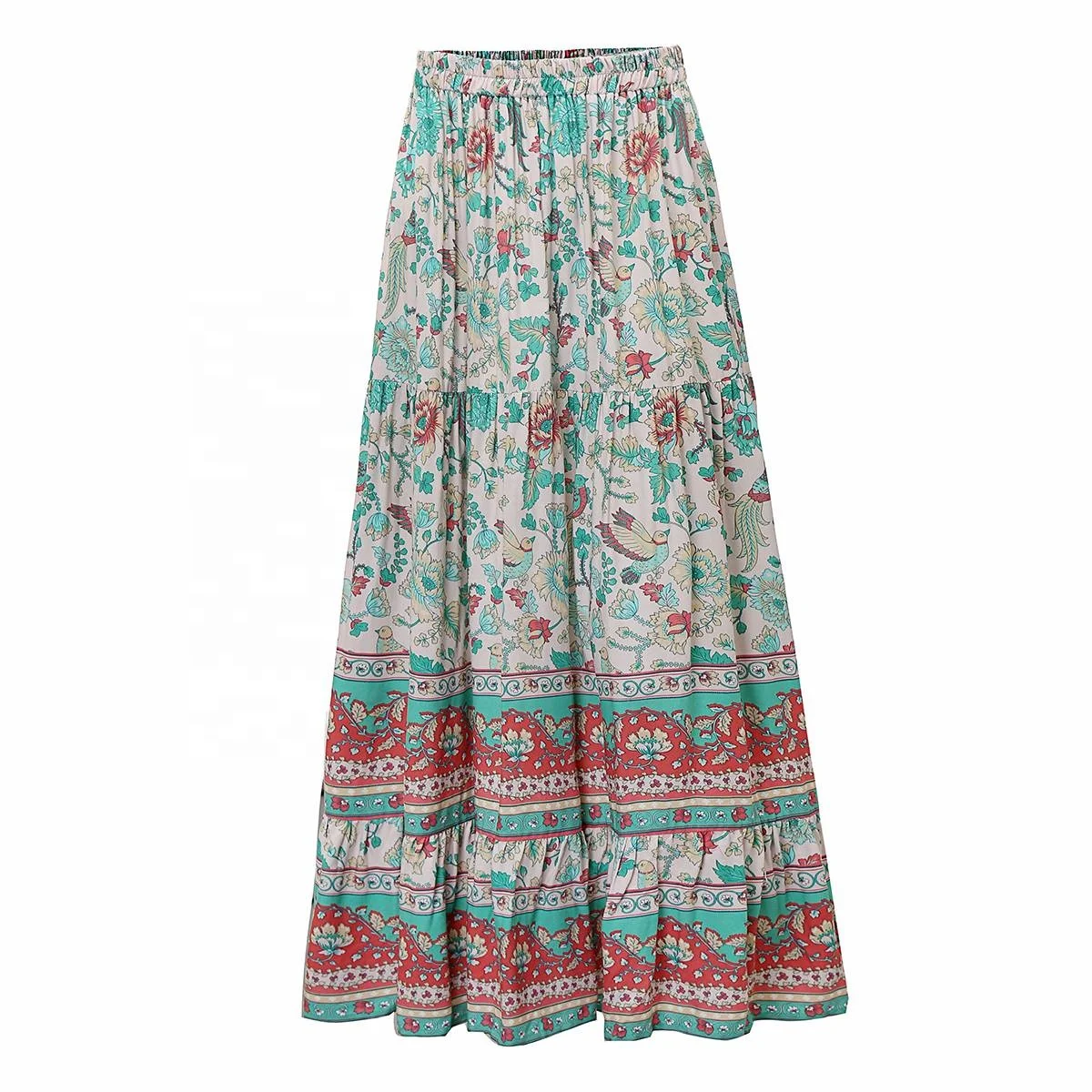 

New European And American Fashion Design Rayon Print Floral Women Bohemian Maxi Skirt